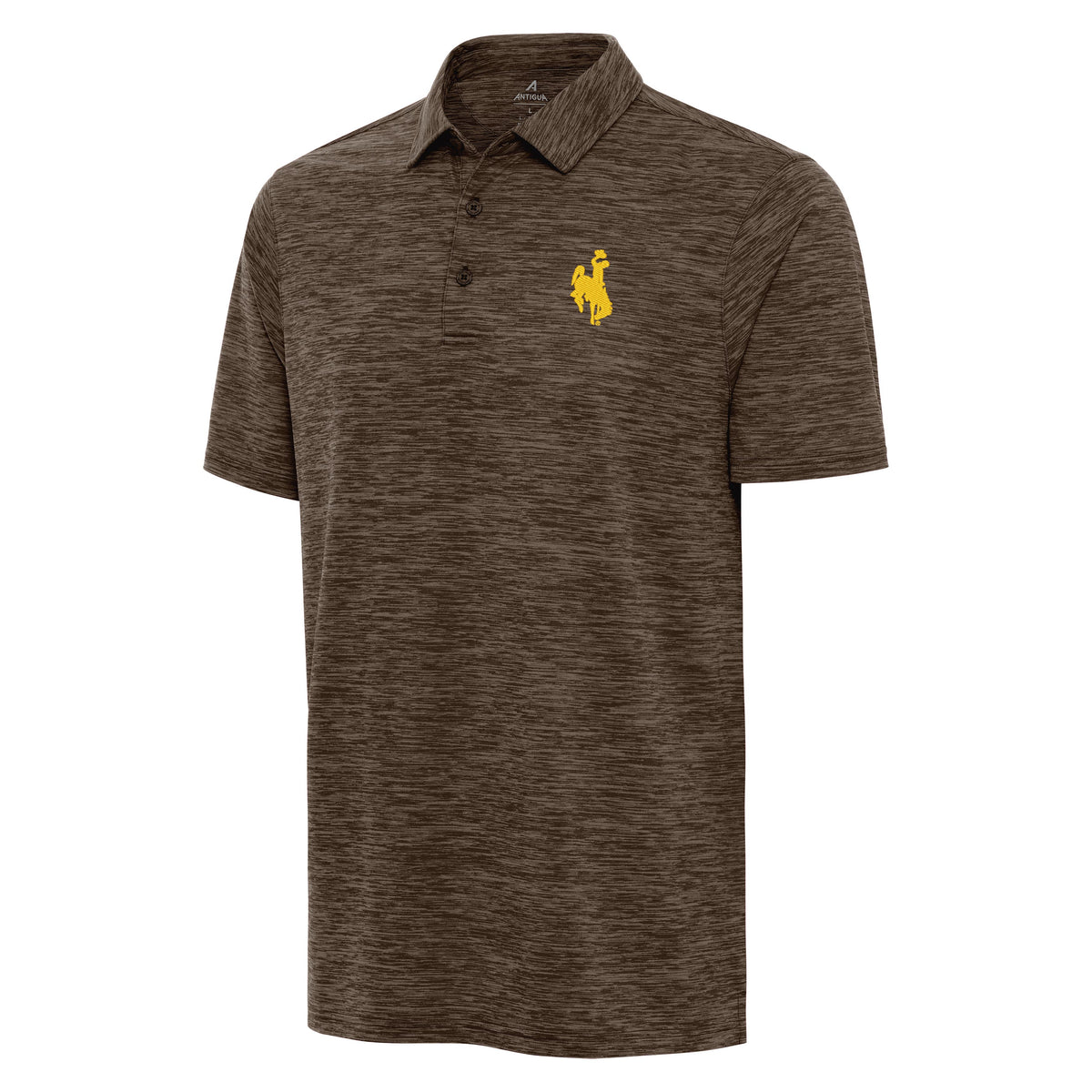 Brown polo shirt with a bucking horse logo on the left chest in gold set on a white background