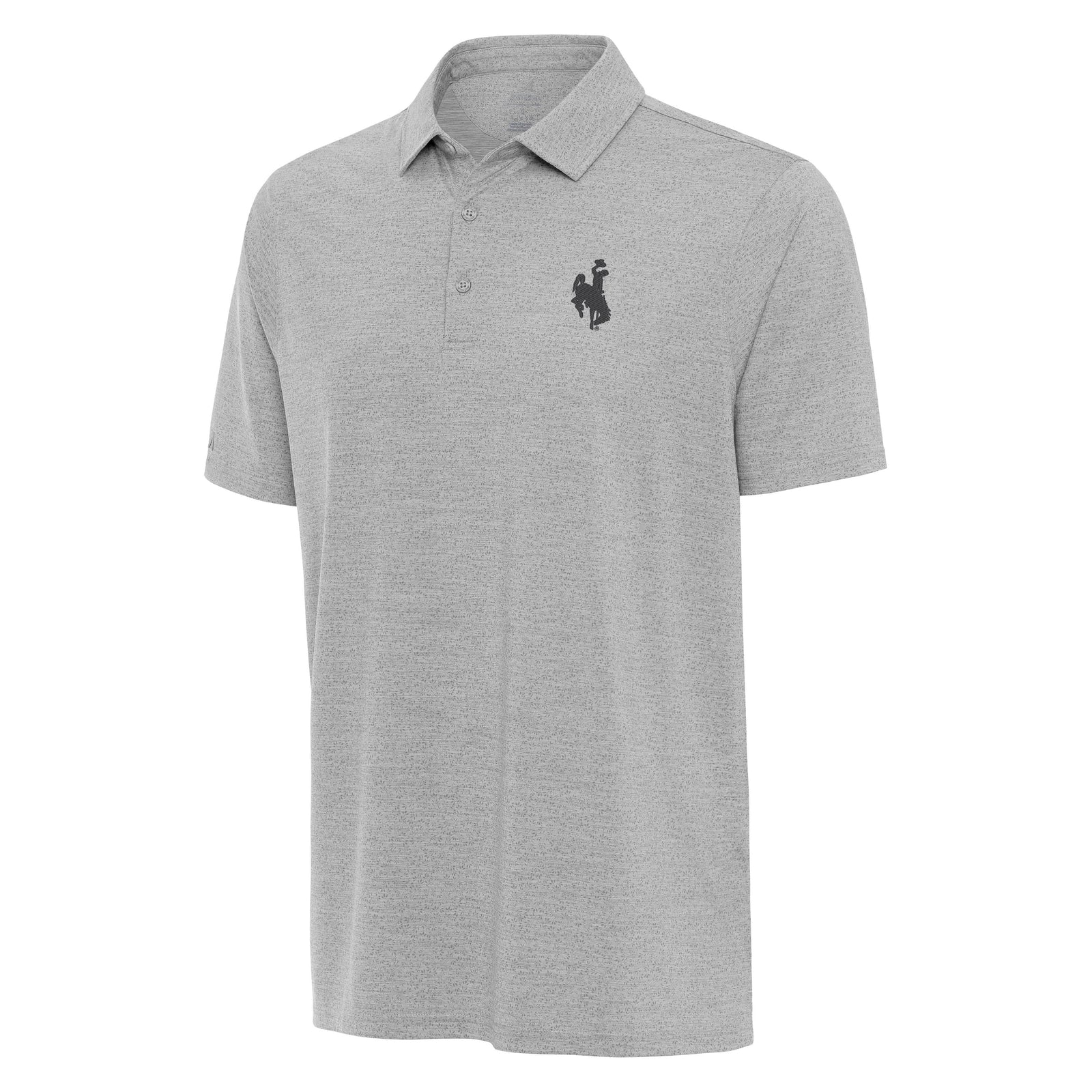 A heather gray short-sleeve polo shirt with a small grey embroidered bucking horse logo on the left chest, displayed on a clean white background.