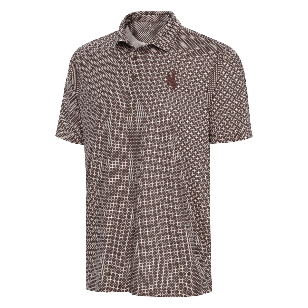 A short-sleeve polo shirt in a brown and beige micro-pattern, featuring a small embroidered brown bucking horse logo on the left chest, displayed on a clean white backgroundo