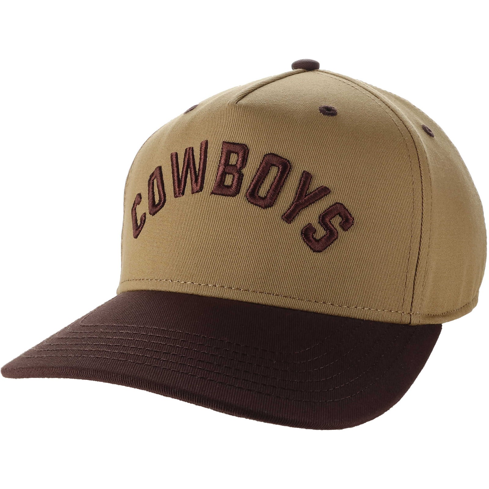 A structured baseball cap in tan and dark brown, featuring the word 'COWBOYS' arched in dark brown embroidery on the front. The cap has a tan crown with dark brown button details and a solid dark brown visor.