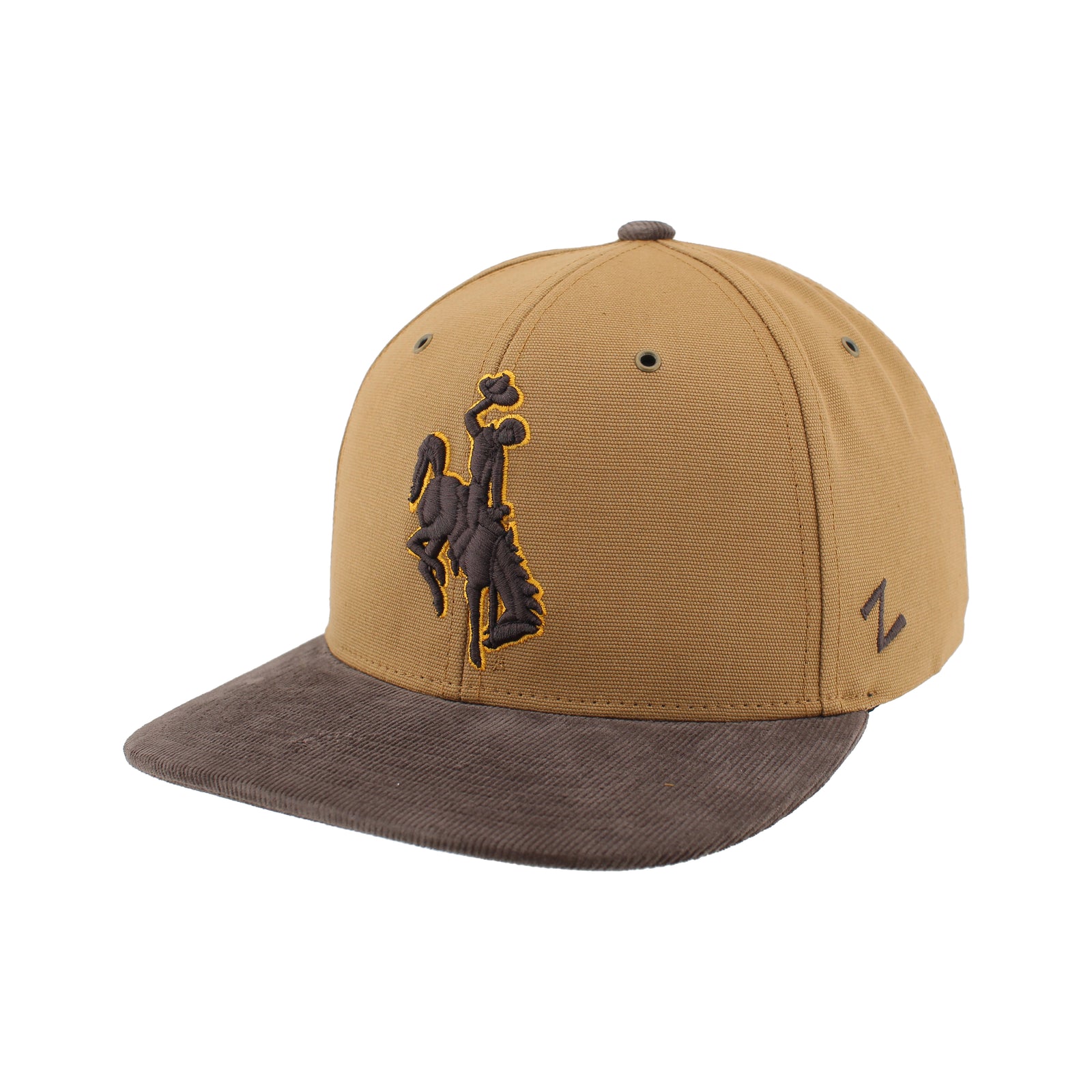 Copper adjustable hat with brown brim. Has brown bucking horse embroidered on front panel