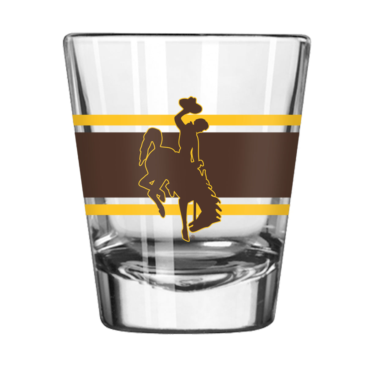 clear shot glass with gold and brown stripe. has brown bucking horse logo in the center. Pictured on a white background.