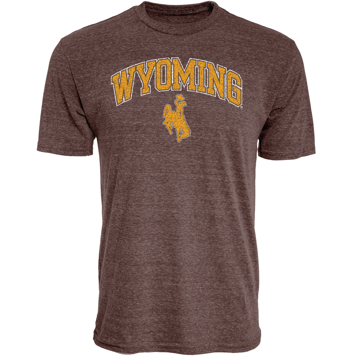Brown t-shirt with 'Wyoming' and bucking horse in gold with white outline all center chest