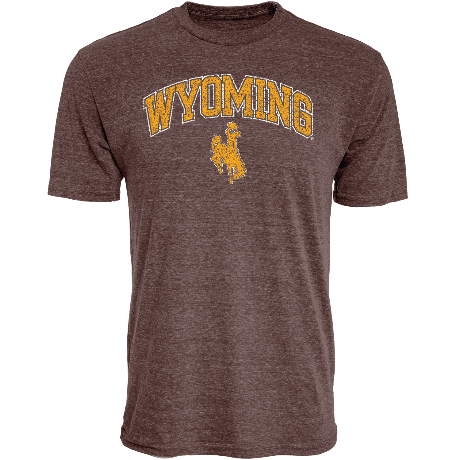 Brown t-shirt with 'Wyoming' and bucking horse in gold with white outline all center chest