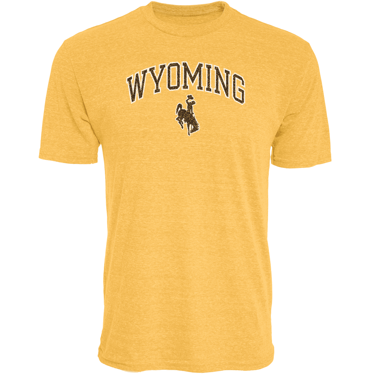 Yellow t-shirt with 'Wyoming' and a bucking horse in brown with white outline all center chest