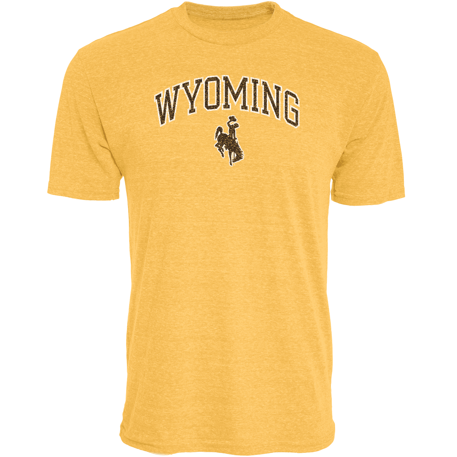 Yellow t-shirt with 'Wyoming' and a bucking horse in brown with white outline all center chest