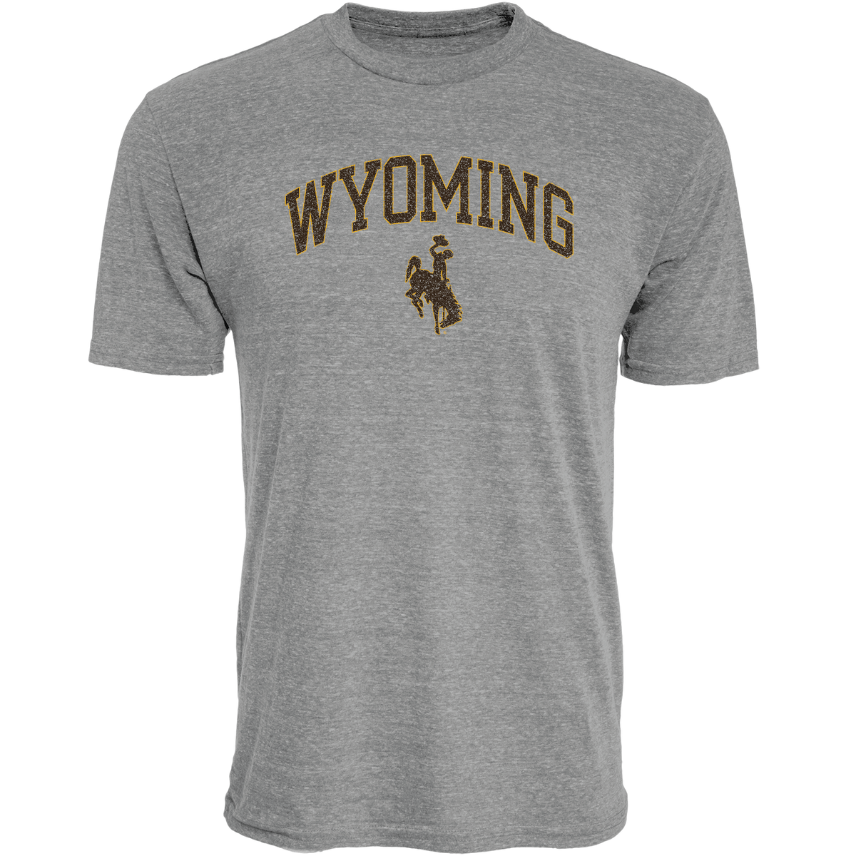 Heather short sleeve tee with 'wyoming' and a bucking horse logo center chest in brown and gold. 