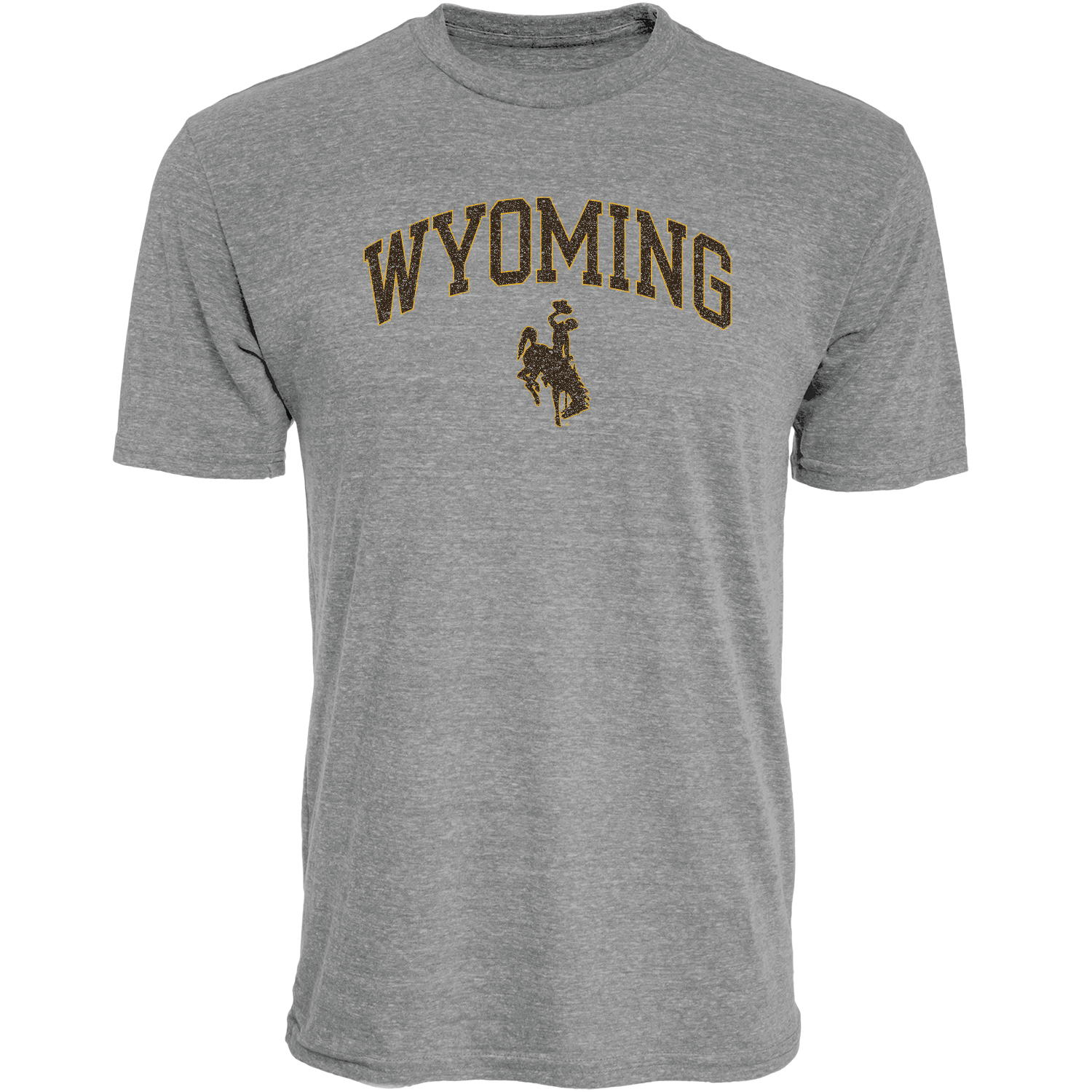 Heather short sleeve tee with 'wyoming' and a bucking horse logo center chest in brown and gold. 