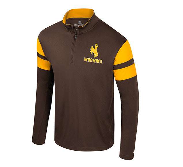 A brown long-sleeve quarter-zip pullover with yellow stripes on the shoulders and a gold bucking horse logo on the left chest, shown on a plain white background.
