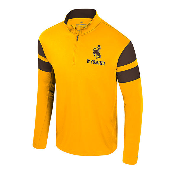 A yellow long-sleeve quarter-zip pullover with dark brown shoulder panels and a brown Wyoming Cowboys logo on the left chest, displayed on a solid white background.