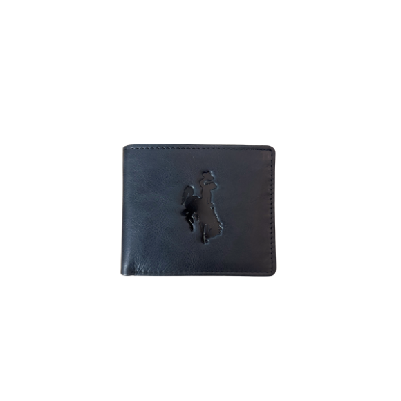 black bifold wallet with etched bucking horse on the front. pictured on a white background.