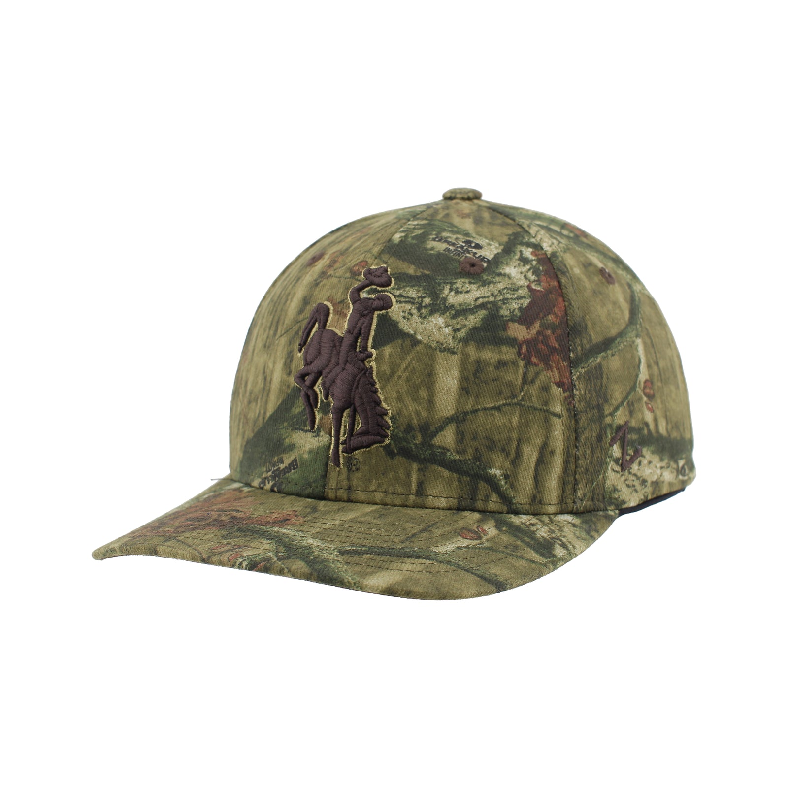 Camouflage adjustable cap with a brown bucking horse logo on the front all on a white background