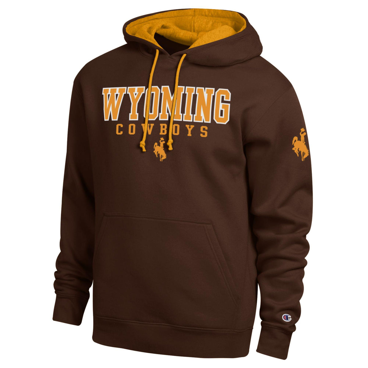 A brown pullover hoodie with a yellow-gold interior hood lining and yellow drawstrings. The front features 'WYOMING COWBOYS' printed in gold and white, with bucking horse silhouette.