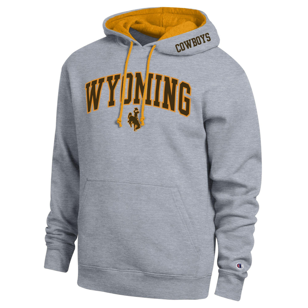 A heather gray pullover hoodie with a gold-lined hood and golddrawstrings. The front features 'WYONDING' in arched varsity letters outlined in black, with a cowboy riding a bucking horse graphic below.