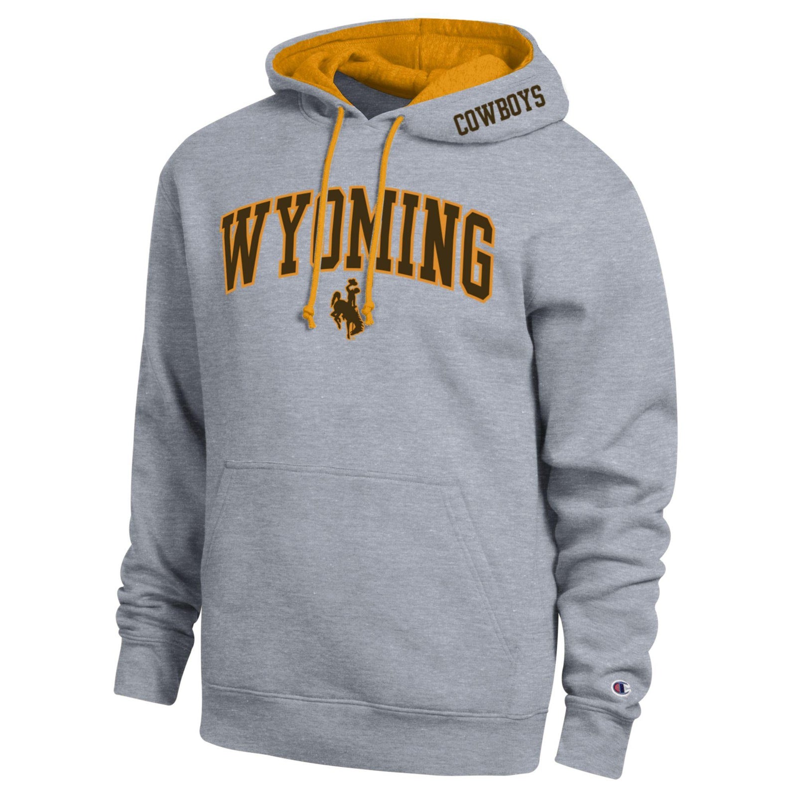 A heather gray pullover hoodie with a gold-lined hood and golddrawstrings. The front features 'WYONDING' in arched varsity letters outlined in black, with a cowboy riding a bucking horse graphic below.