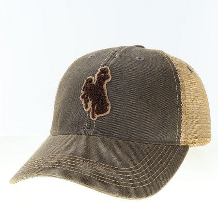 grey adjustable hat with khaki mesh back. has brown chenille bucking horse patch on front panel