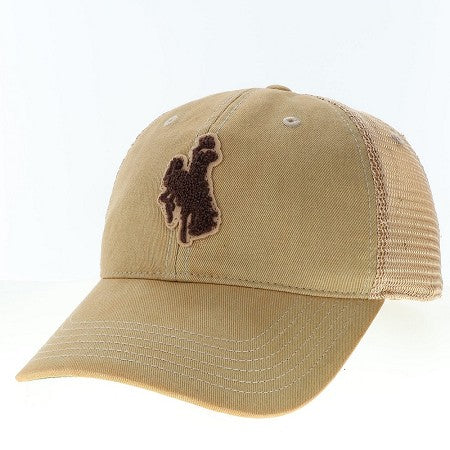 khaki adjustable hat with khaki mesh backing. has brown chenille bucking horse on front panel