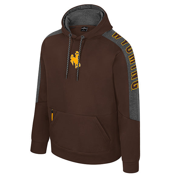 A pullover hoodie in dark brown with gray sleeve panels and a gold embroidered logo on the chest, shown against a plain white background.