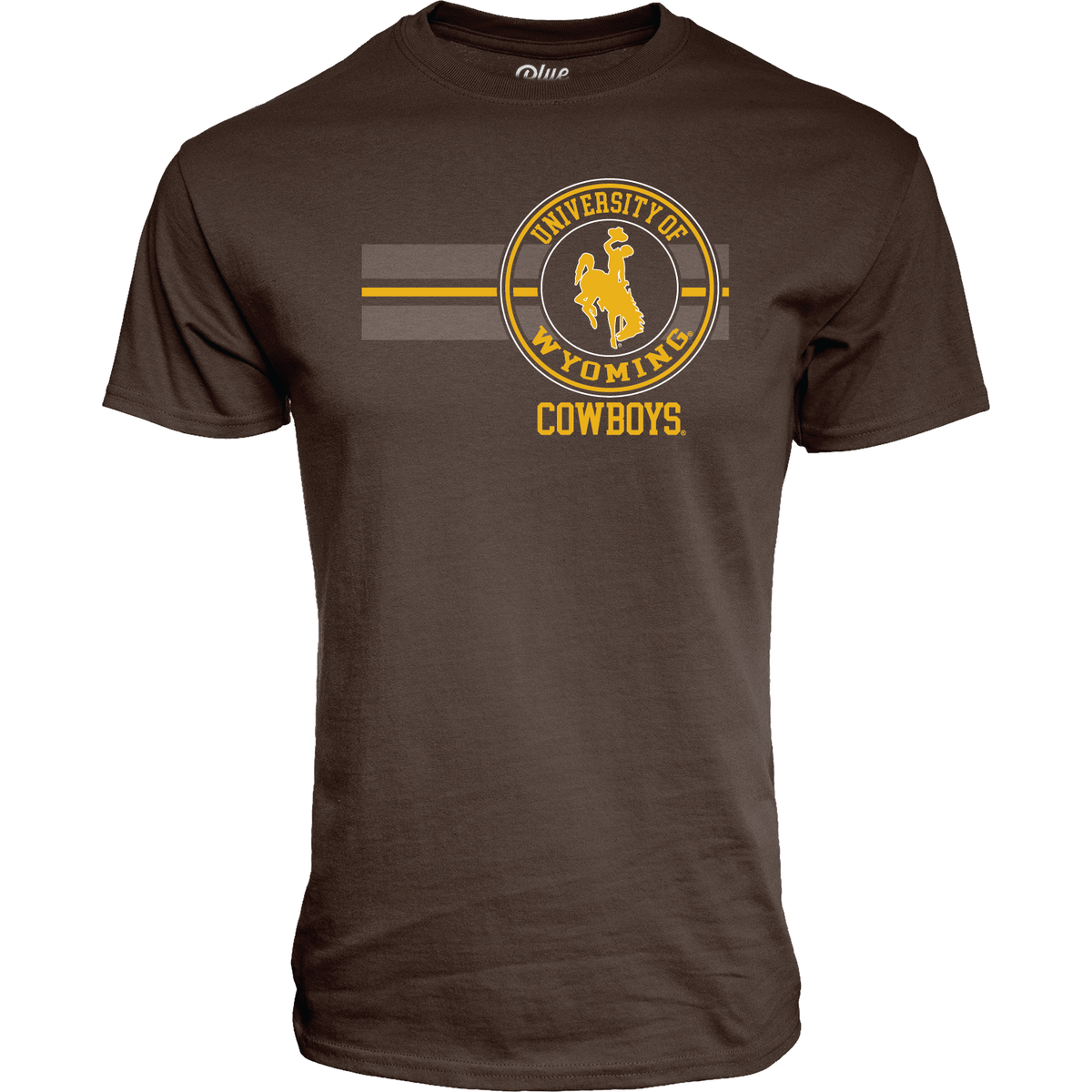 Brown t-shirt with 'University of Wyoming Cowboys' logo inbrown white and gold all center chest
