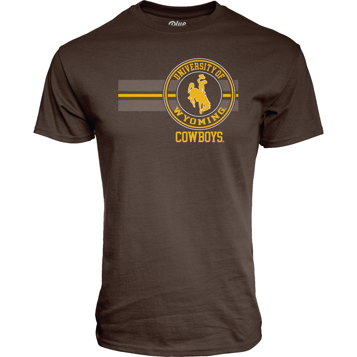 Brown t-shirt with 'University of Wyoming Cowboys' logo inbrown white and gold all center chest