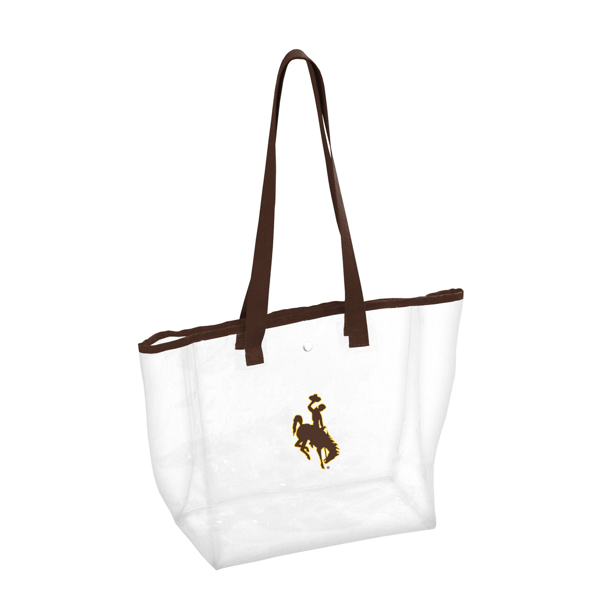 Clear tote with brown bucking horse logo on side and brown strap. Snaps closed on top for closure. Pictured on a white background.