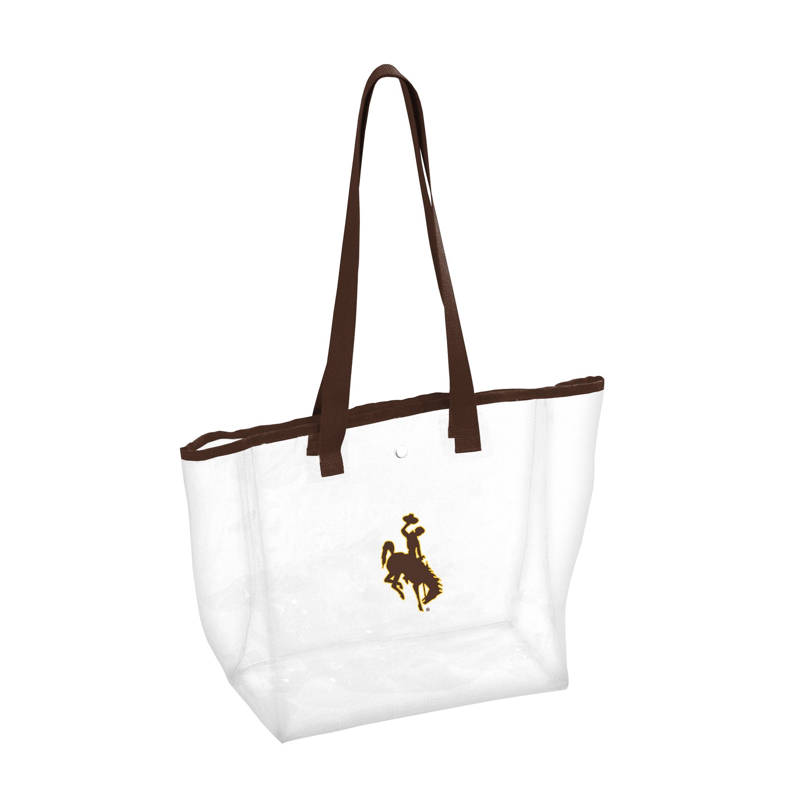 Clear tote with brown bucking horse logo on side and brown strap. Snaps closed on top for closure. Pictured on a white background.