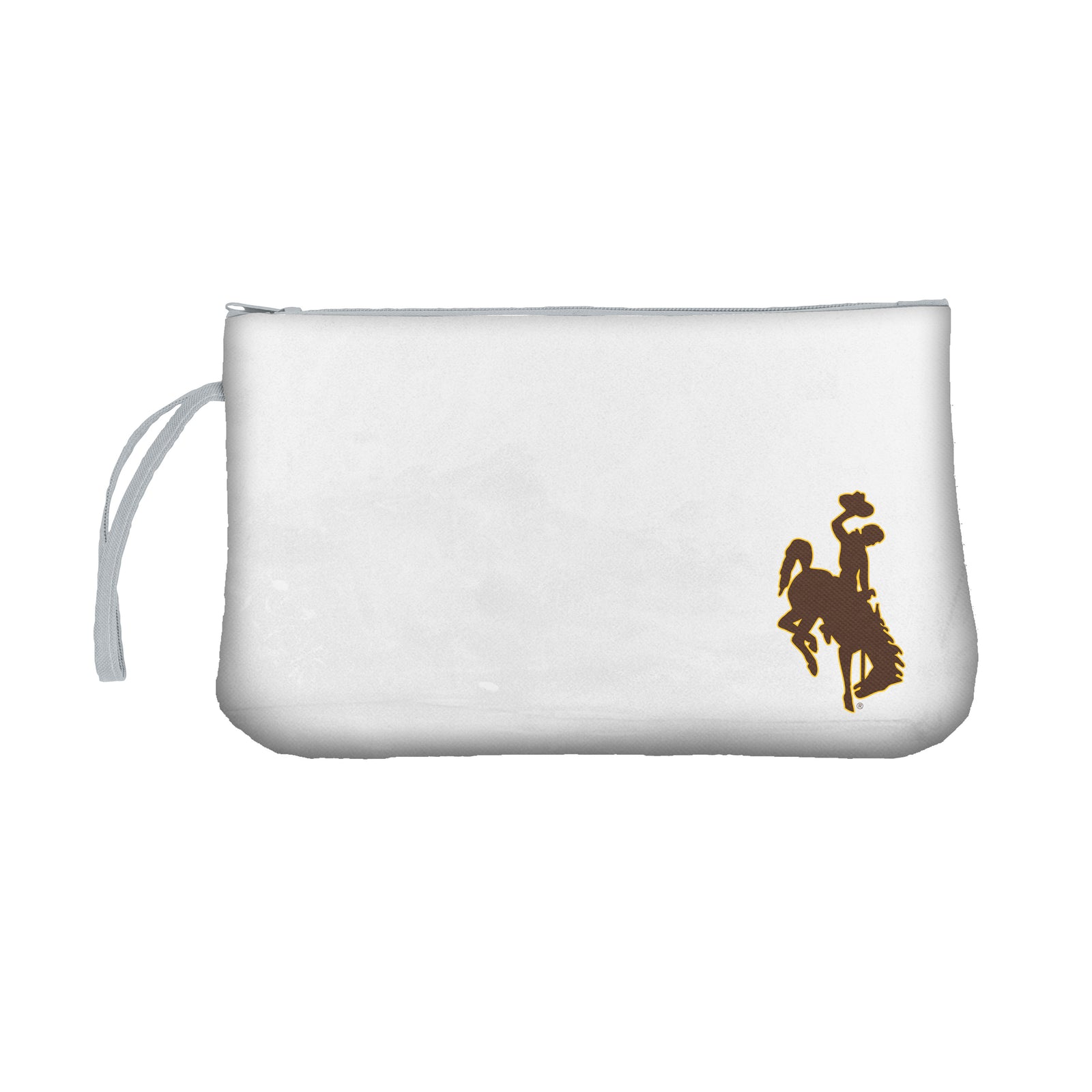 A white zippered pouch featuring a brown silhouette graphic of a cowboy riding a bucking horse on the lower right, with a white wristlet strap on the left side.