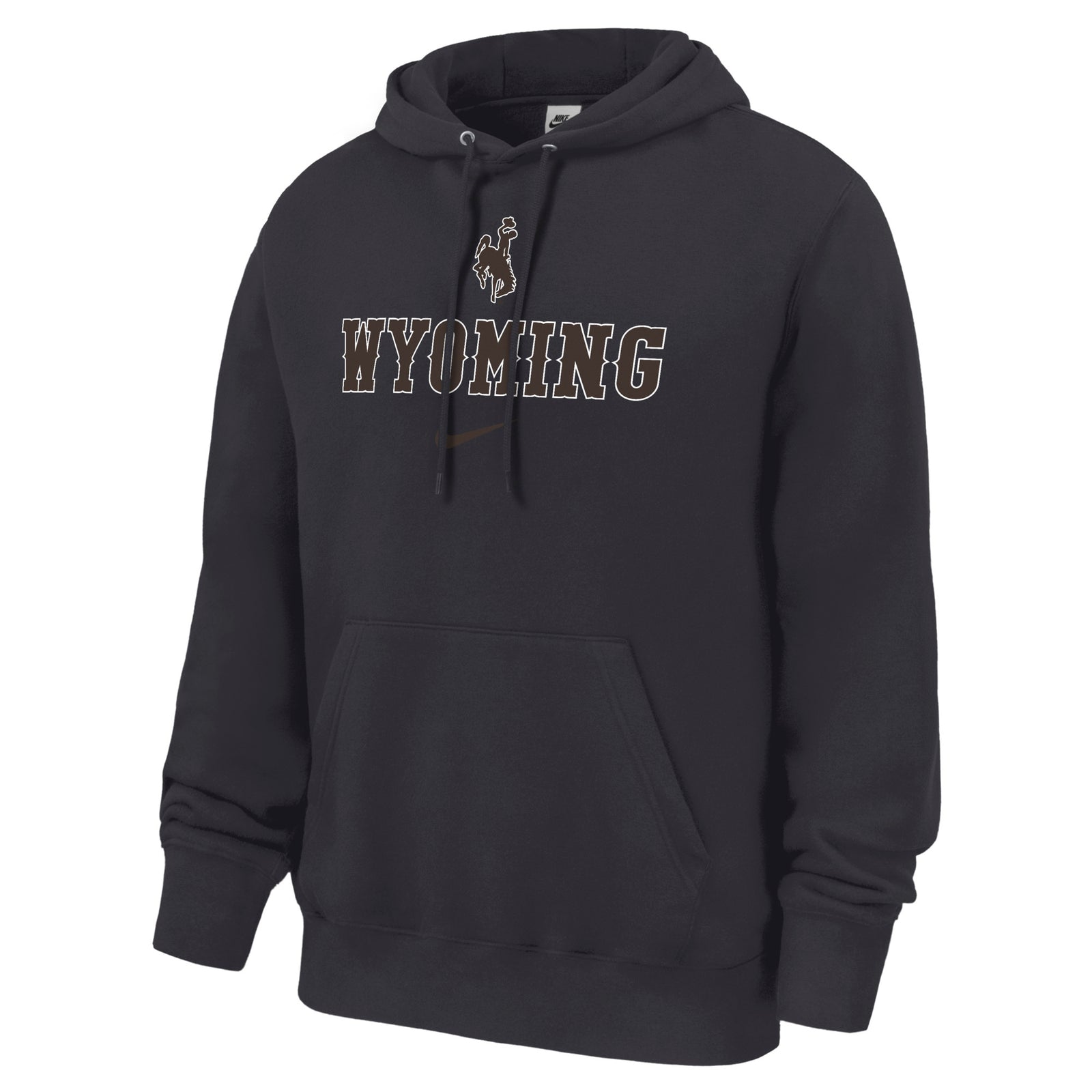 Anthracite nike hooded sweatshirt with design center chest. design is brown bucking horse with brown wyoming lettering below all with white outline. has nike swoosh in brown at bottom of design