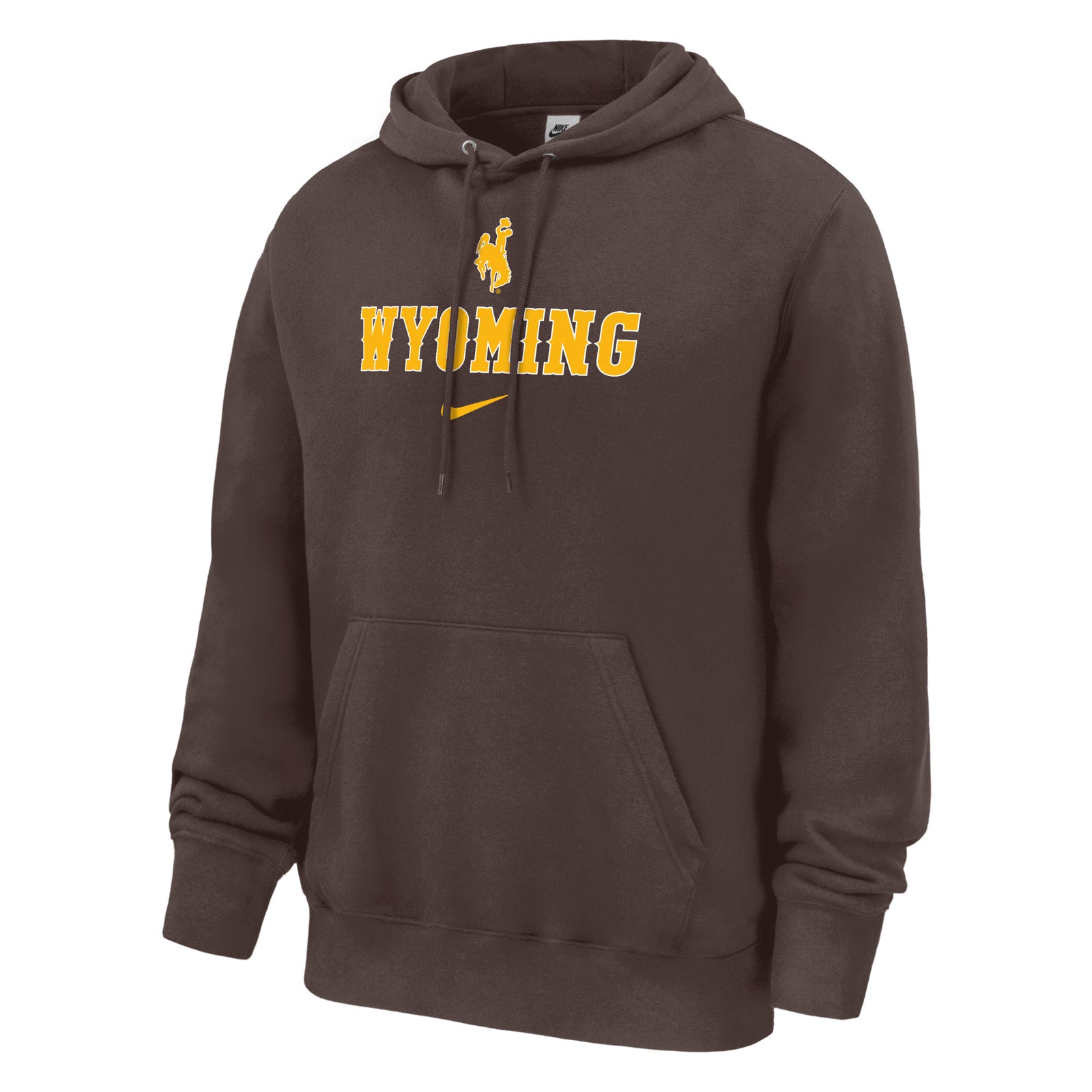 Brown nike hood with design center chest. design is gold bucking horse with wyoming lettering below. has gold nike swoosh at bottom.