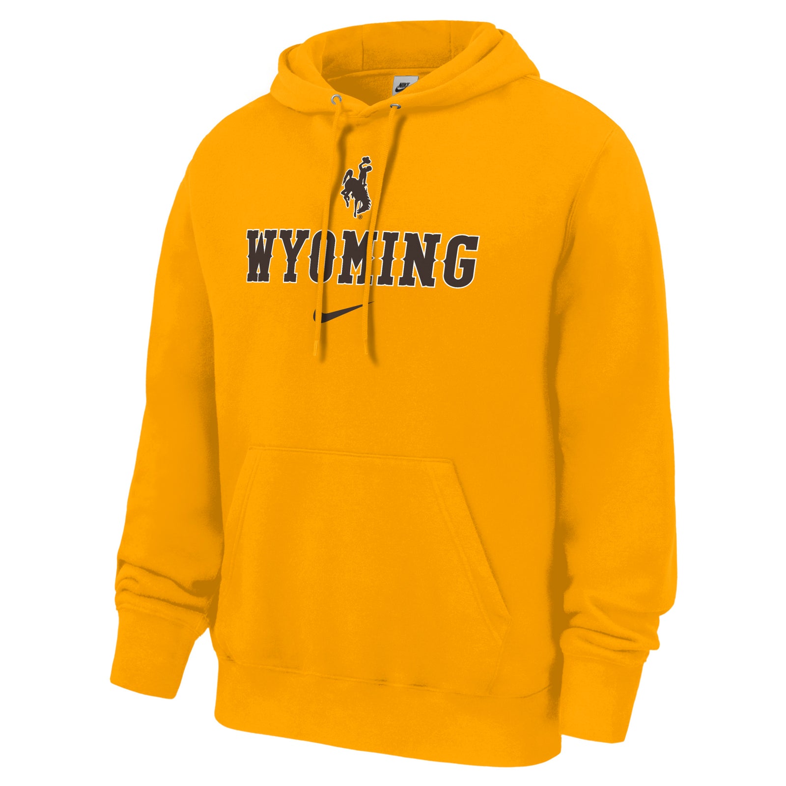 Gold nike hooded sweatshirt with brown design center chest. design is bucking horse with wyoming lettering below. has brown nike swoosh at bottom of design.