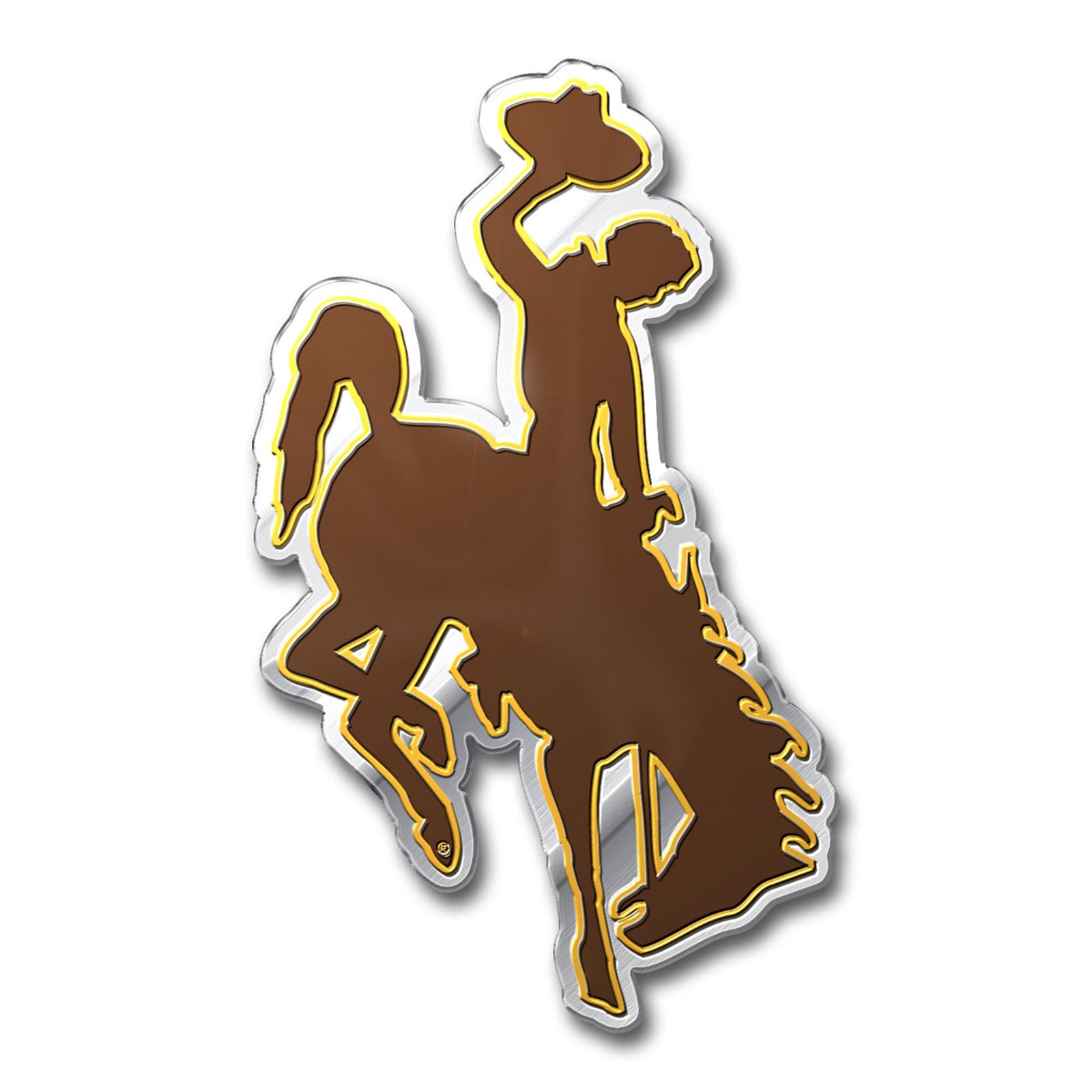 bucking horse 3d embossed emblem. bucking horse is brown with gold outline