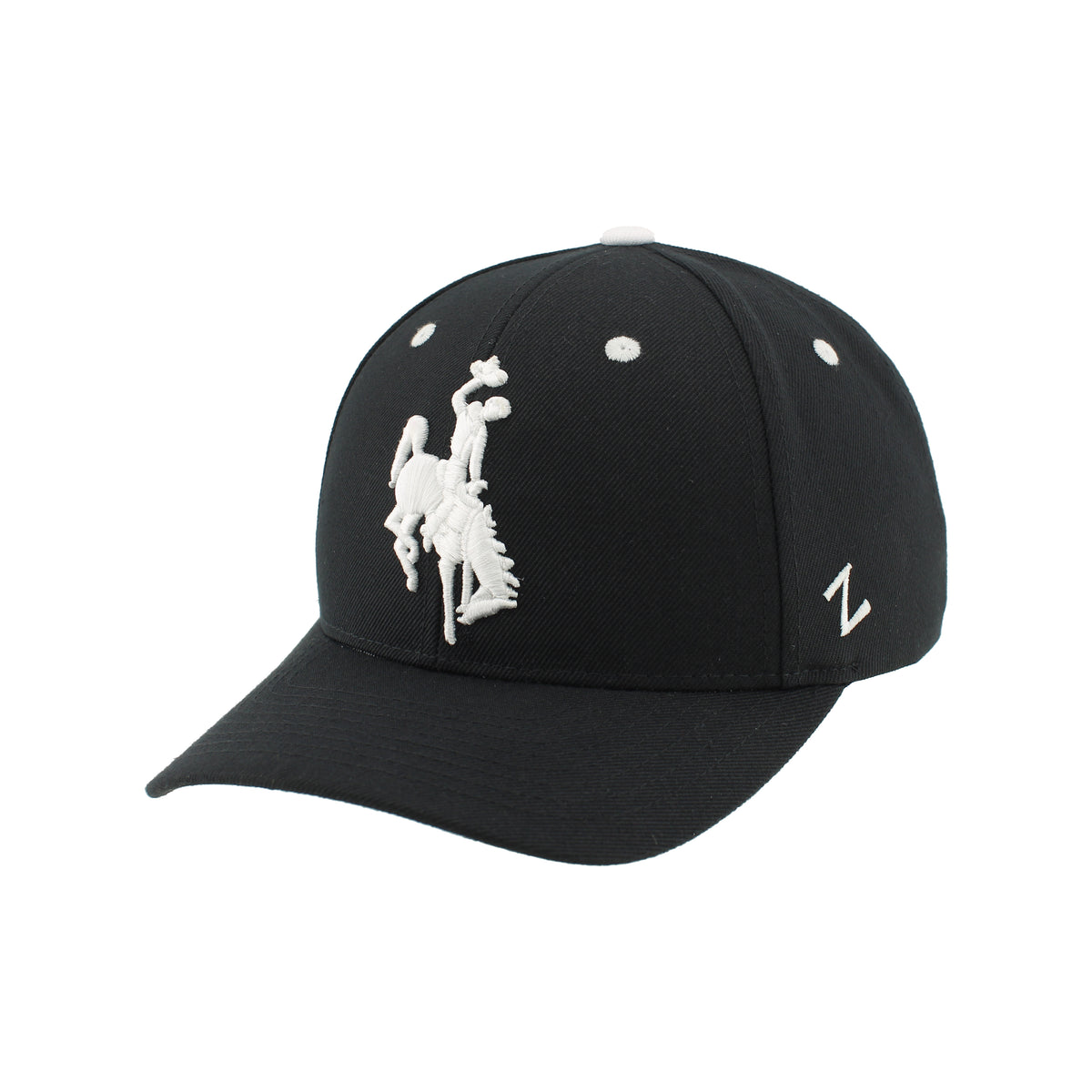 black adjustable hat with white embroidered bucking horse centered on front panel