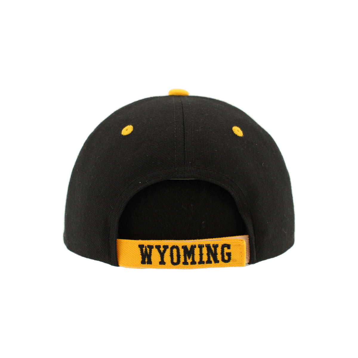 Black baseball cap viewed from the back, featuring a yellow backband with 'WYOMING' in black text and matching yellow eyelets and top button.