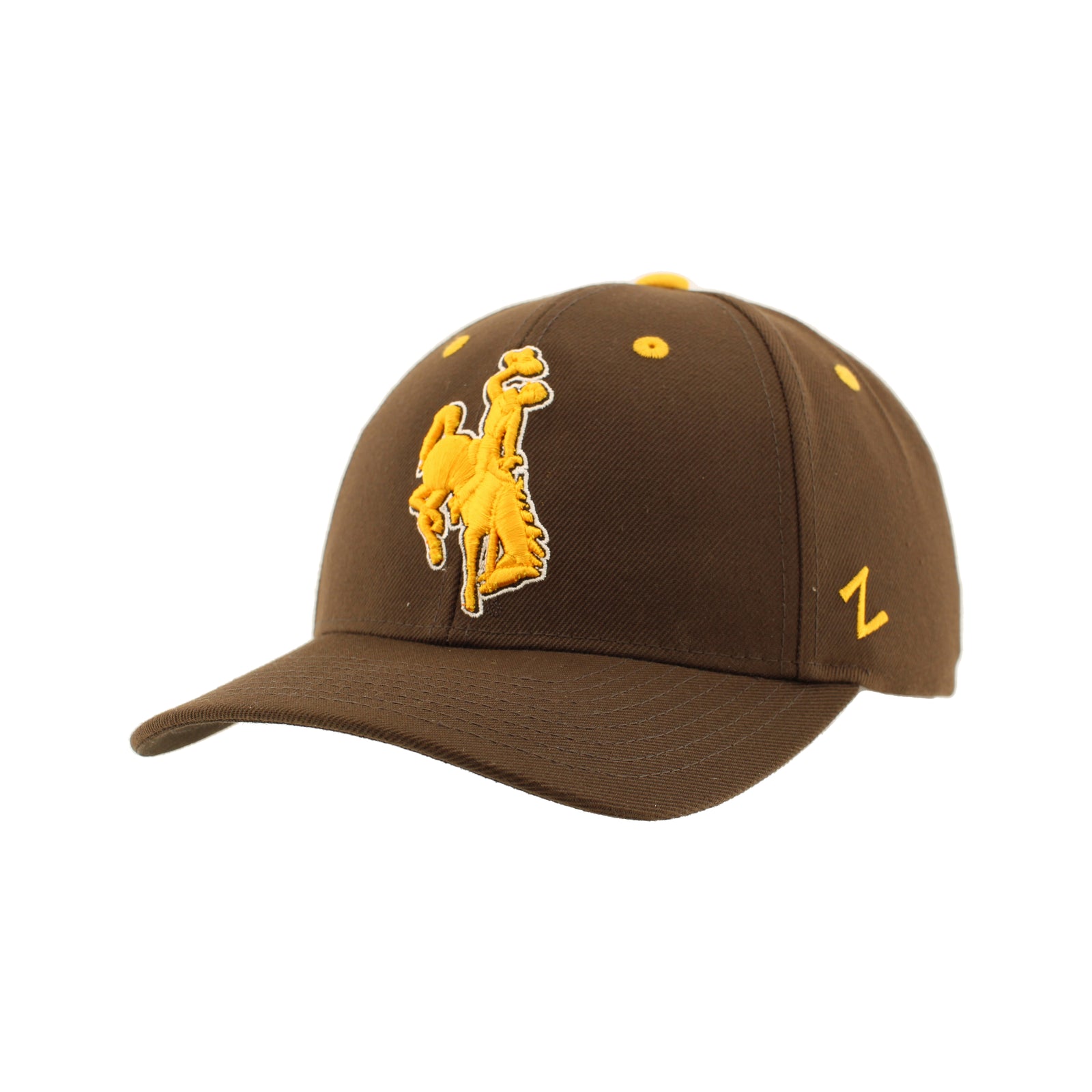 Brown adjustable hat with gold bucking horse on front and gold 'z' on side. Pictured on a white background.