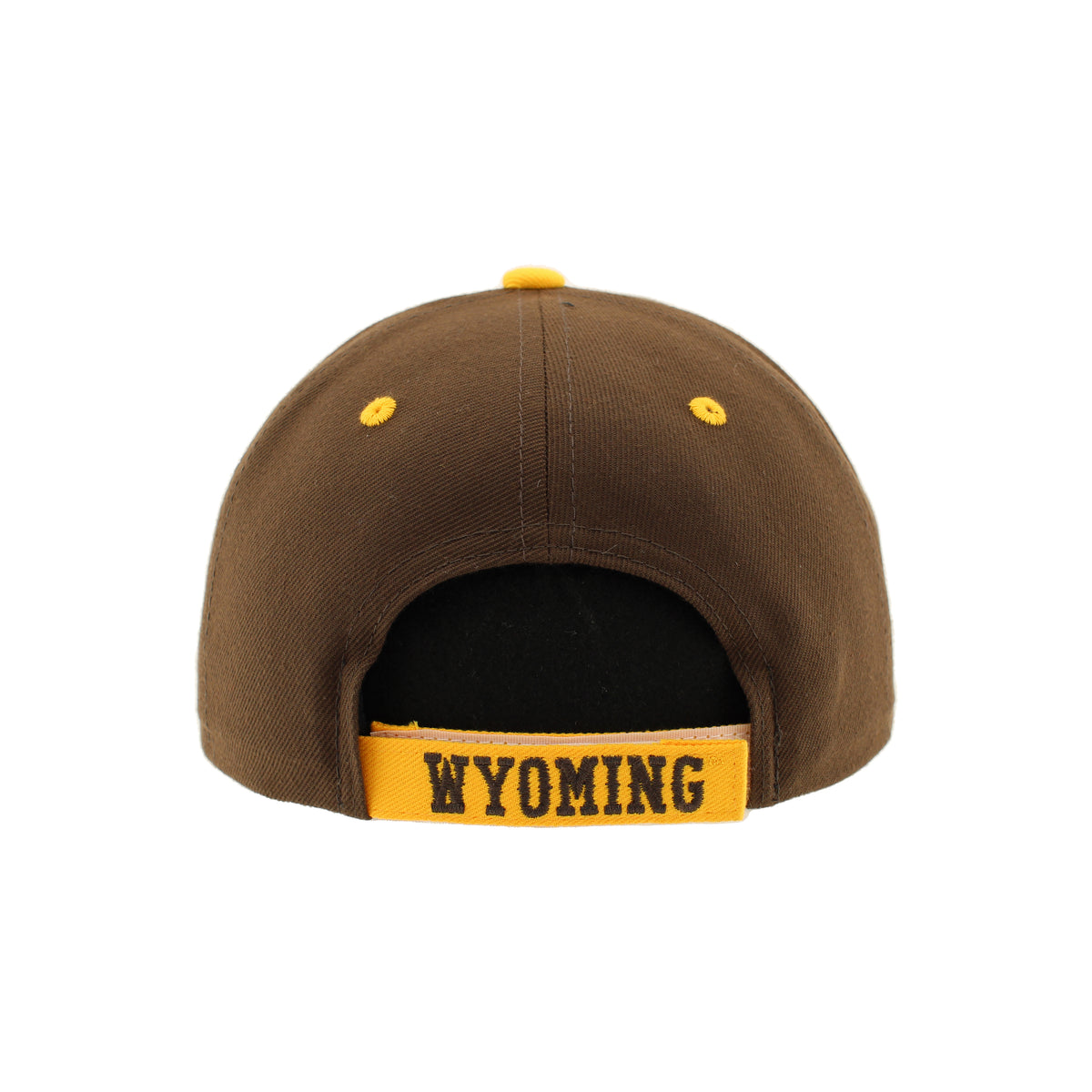 The back of a brown baseball cap featuring a yellow fabric strap with 'WYOMING' printed in brown block letters, and matching yellow button eyelets on the crown.