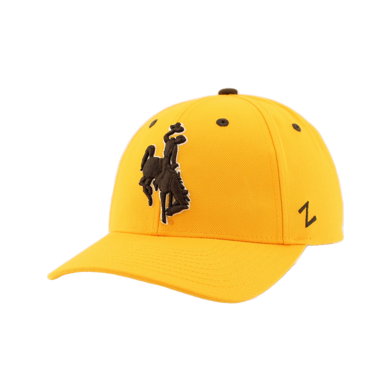 A bright yellow baseball cap with a brown embroidered bucking rider logo on the front and a brown stylized 'Z' logo on the side, shown against a plain white background.