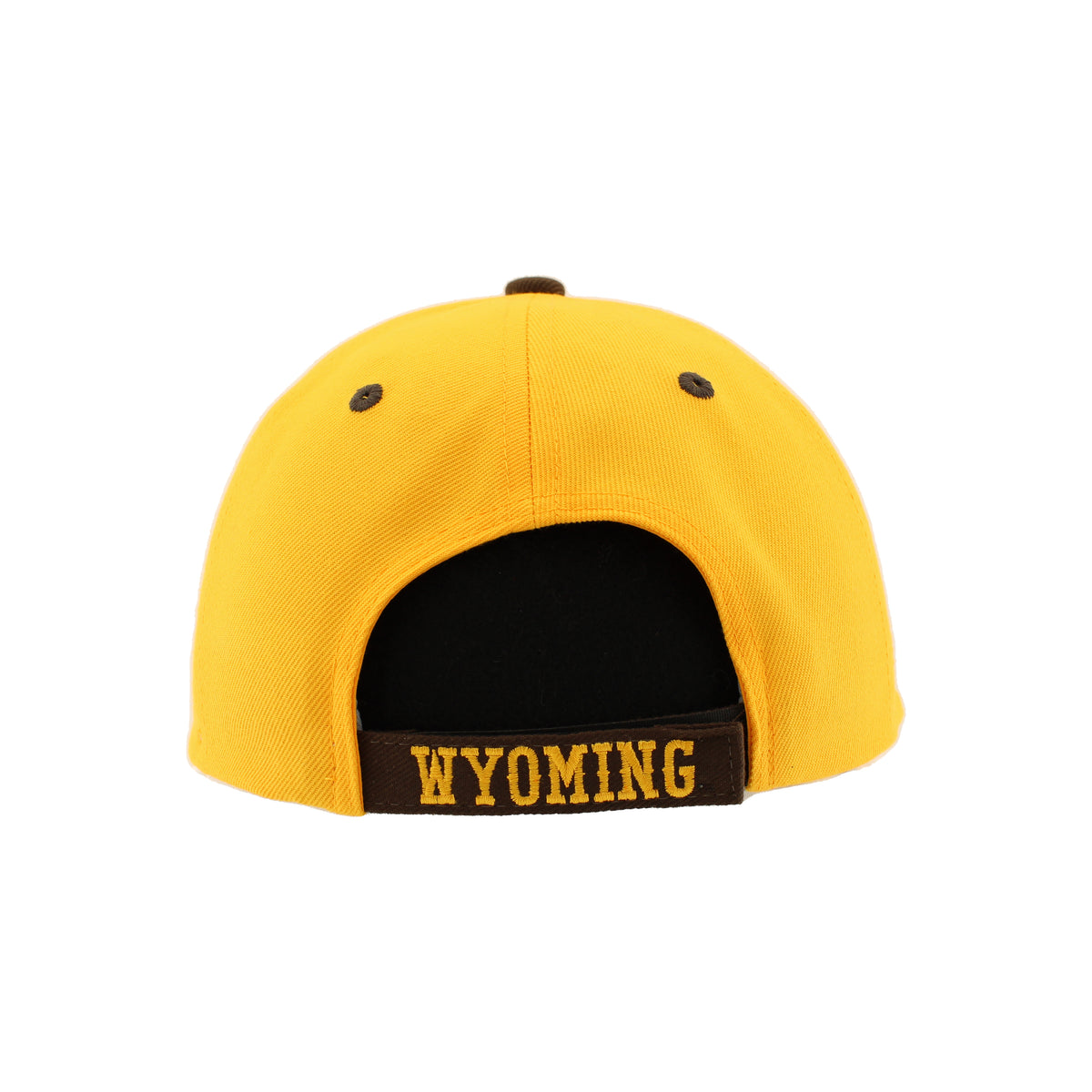 A yellow baseball cap shown from the back, featuring a brown adjustable strap with 'WYOMING' embroidered in yellow text.