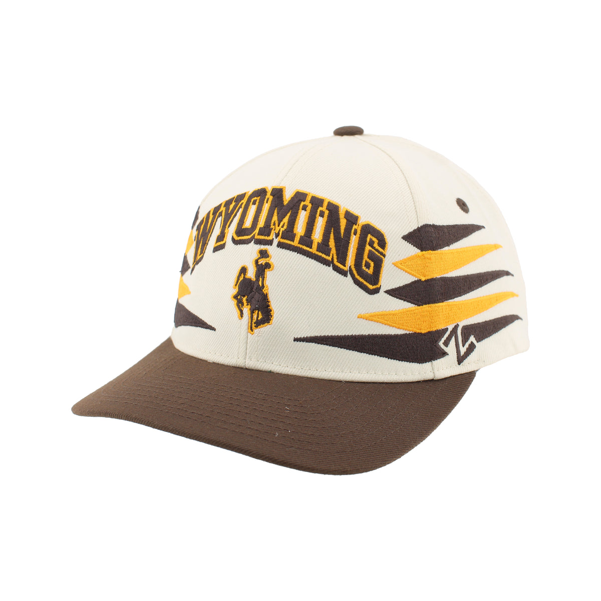 Ivory hat with brown bill. Has Wyoming and bucking horse embroidered on front panel.  Has brown and gold design  left and right