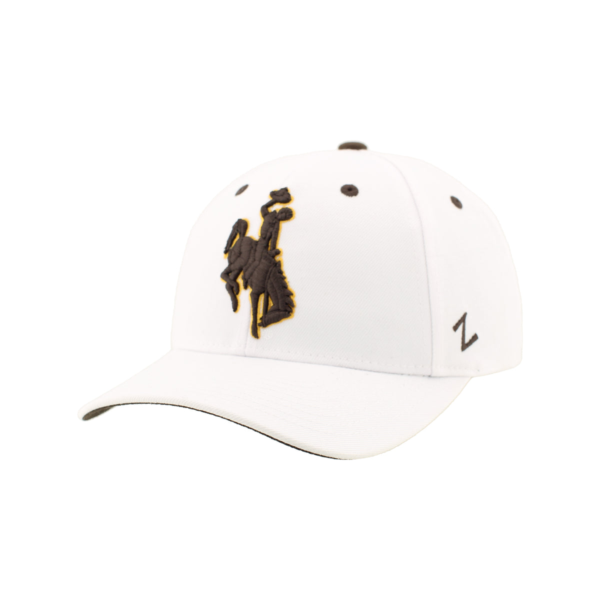 A white baseball cap featuring a brown embroidered cowboy logo with a gold outline on the front, and a brown stylized 'Z' logo on the side, set against a plain white background.