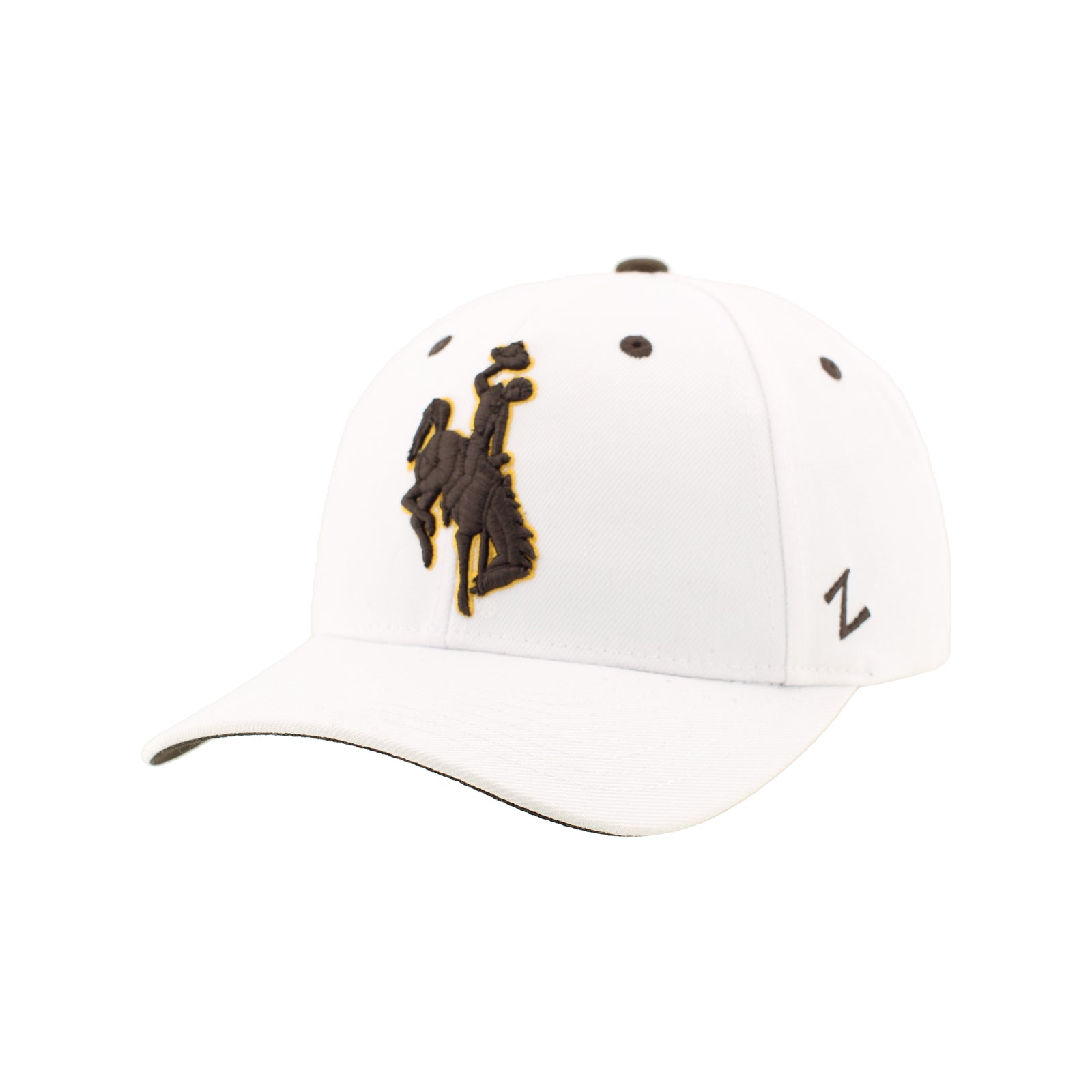 A white baseball cap featuring a brown embroidered cowboy logo with a gold outline on the front, and a brown stylized 'Z' logo on the side, set against a plain white background.