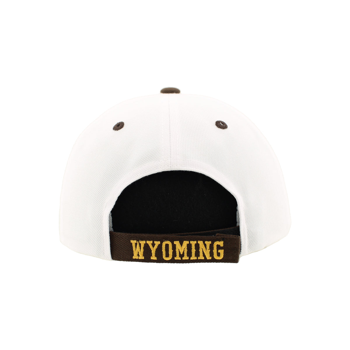 White baseball cap shown from the back, featuring a brown leather strap with 'WYOMING' embroidered in yellow text.
