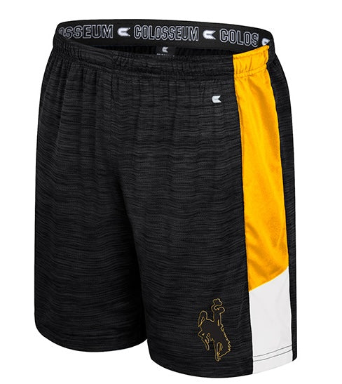 Black shorts with a gold and white strip on hips. Has black bucking horse logo on left thigh. All pictured on a white background.