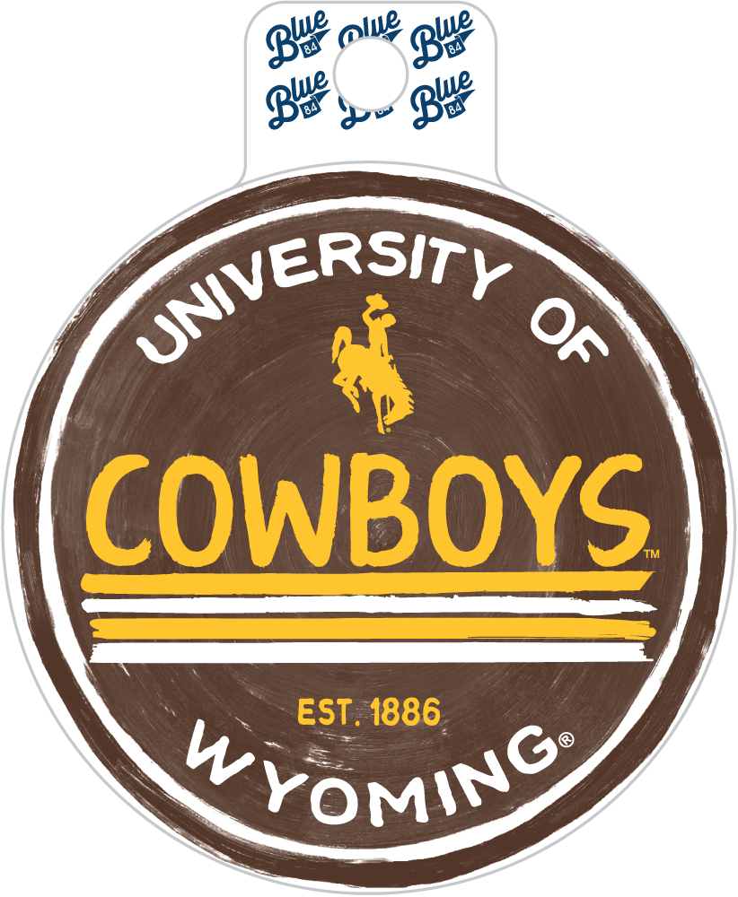 Brown decal with 'university of wyoming cowboys est. 1886' in gold and white on front with bucking horse logo. 