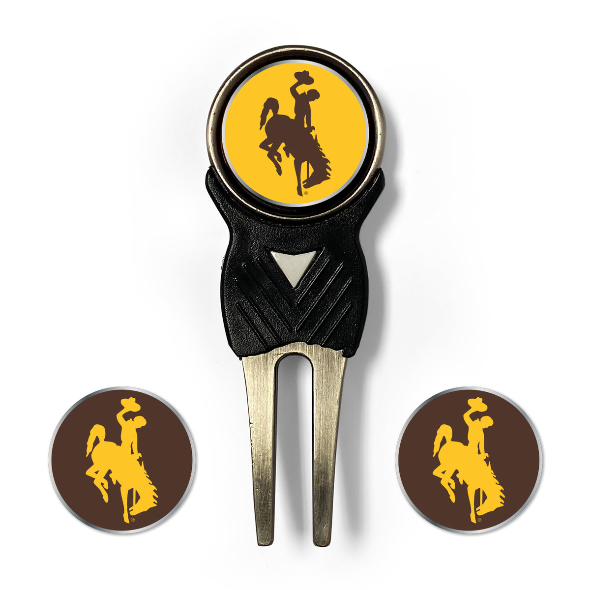 Golf divot tool with three round markers featuring a cowboy on a horse design on a white background.