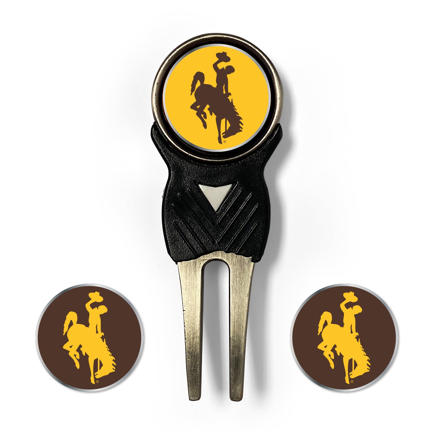 Golf divot tool with three round markers featuring a cowboy on a horse design on a white background.