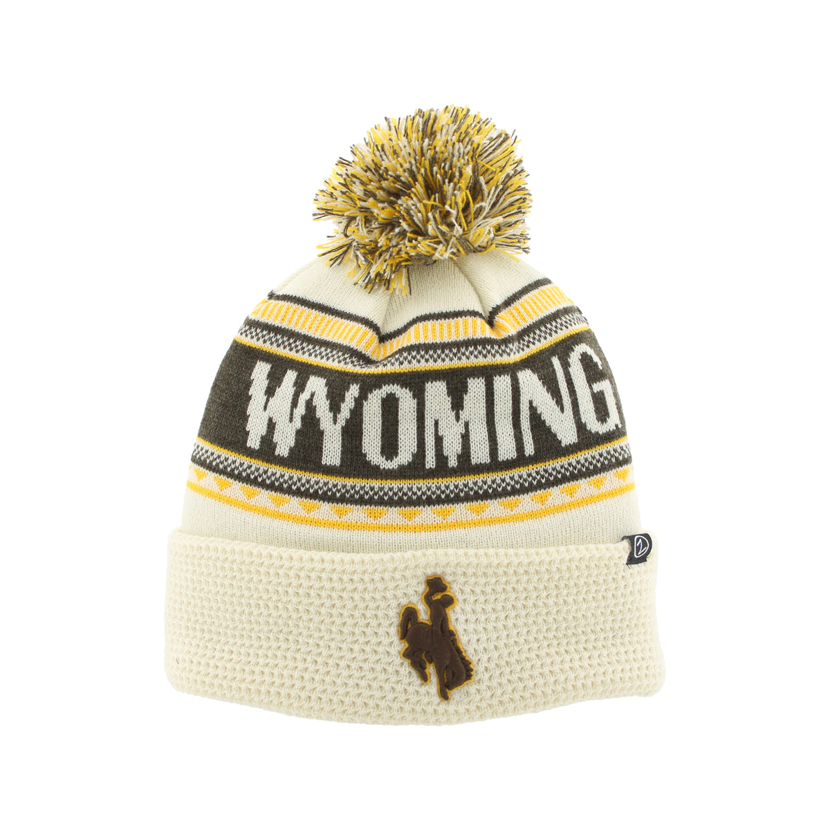A cream knit beanie hat with a gold and cream pom-pom, featuring a dark brown band with the word 'WYOMING' in white, yellow stripe accents, and a brown cowboy logo on the cuff.