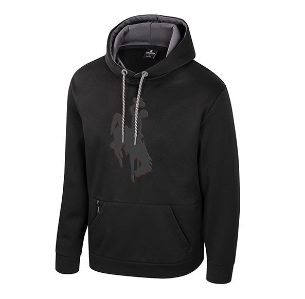 A black pullover hoodie with a gray and black bucking horse graphic center chest, featuring a front kangaroo pocket and drawstring hood, shown on a plain white background.