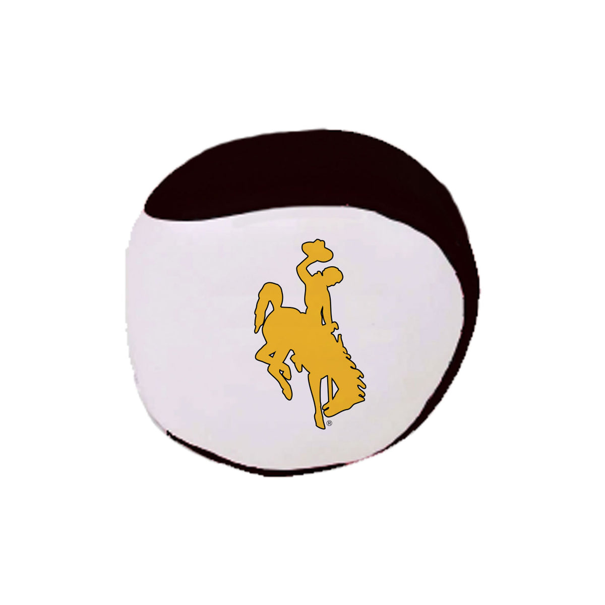 A round white and black beach ball featuring the yellow Wyoming Cowboys bucking horse logo in the center, isolated on a white background.