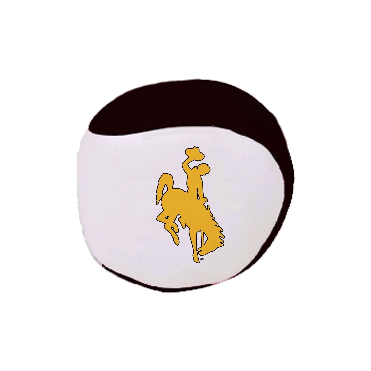 A round white and black beach ball featuring the yellow Wyoming Cowboys bucking horse logo in the center, isolated on a white background.