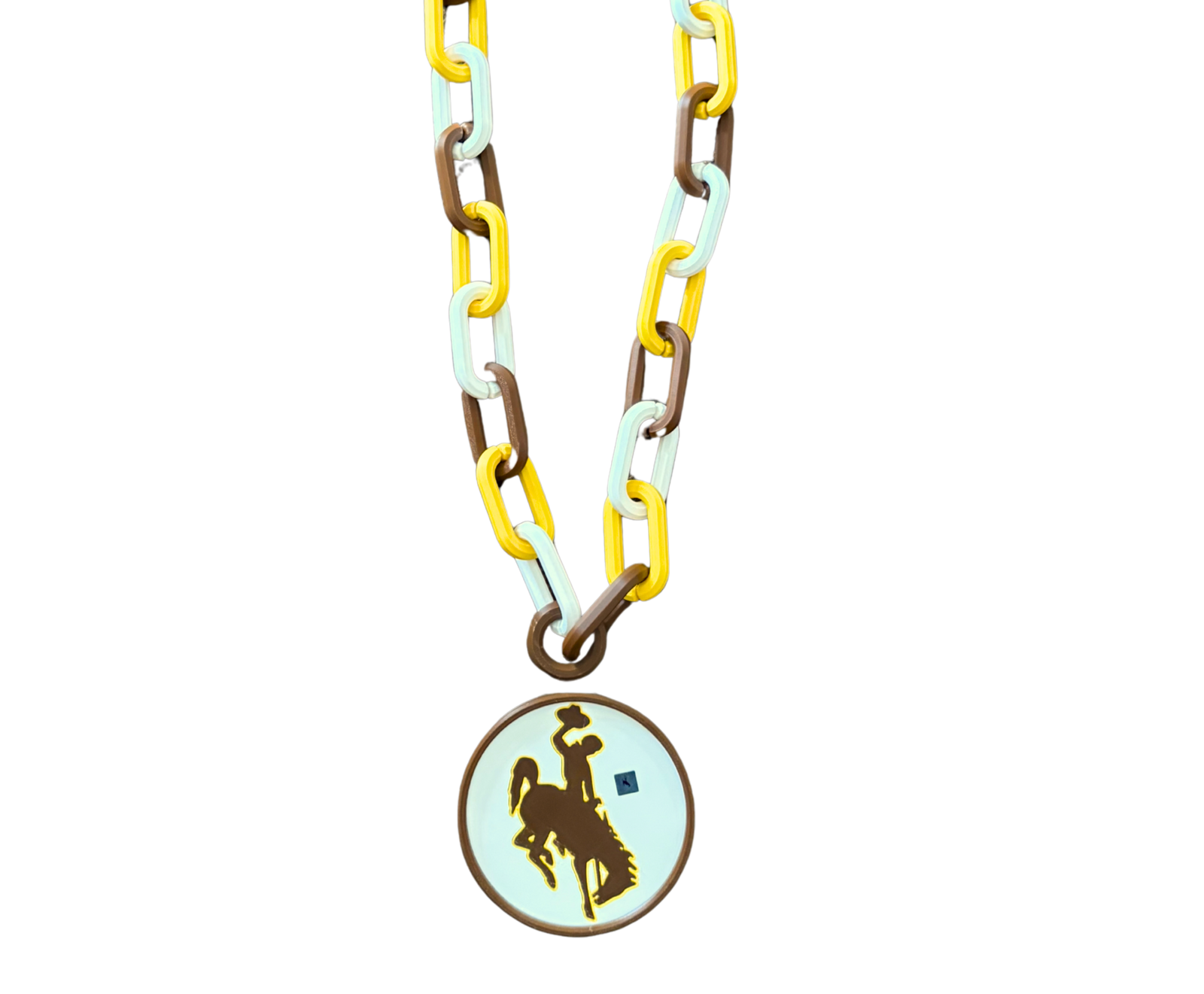 Brown and gold and white chain with round ornament hanging from it. Ornament has a brown bucking horse logo in the middle.  This hype chain is pictured on a white background.